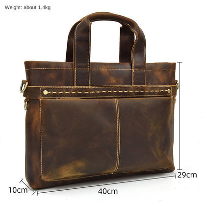 Crazy Horse Leather Briefcase, Vintage Leather Handbag, Full-grain Cowhide Shoulder Bag