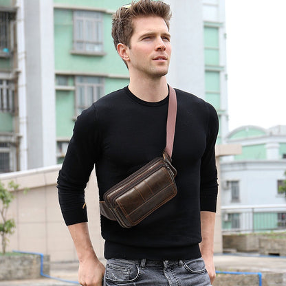 Genuine Leather Men's Waist Bag, Top-grain Leather Outdoor Single Shoulder Crossbody Chest Bag, Motorcycle Waist Bag
