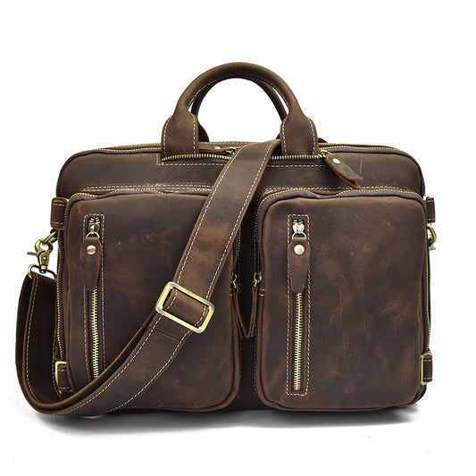 Men's Briefcase Crazy Horse Leather Multifunctional Handbag Full-grain Cowhide Computer Bag