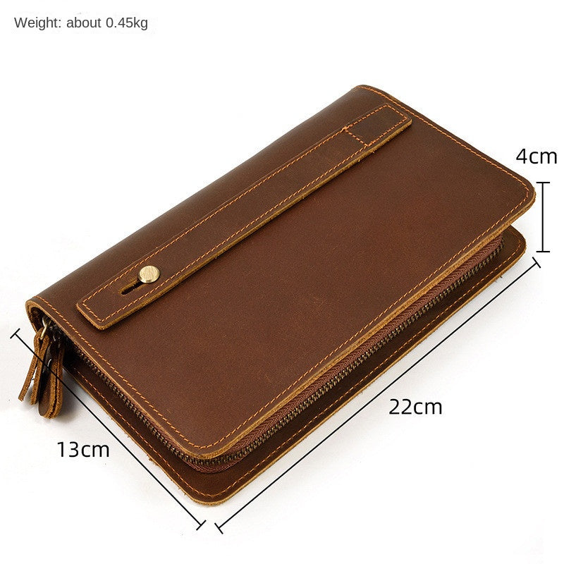 Crazy Horse Leather Double Zipper Wallet Vintage Men's Clutch Wallet Multi-card Wallet