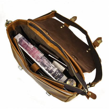 Men's Crazy Horse Leather Briefcase Full-grain Cowhide Crossbody Bag