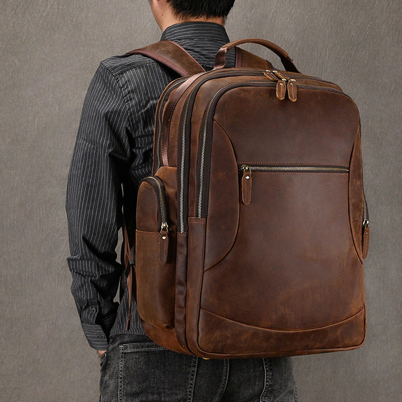 Crazy Horse Leather Large Capacity Backpack Men's Retro Genuine Leather 17 inch Travel Bag