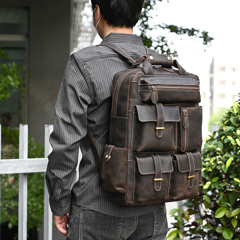 Men's Retro Backpack Crazy Horse Leather Travel Bag Large Capacity Bag