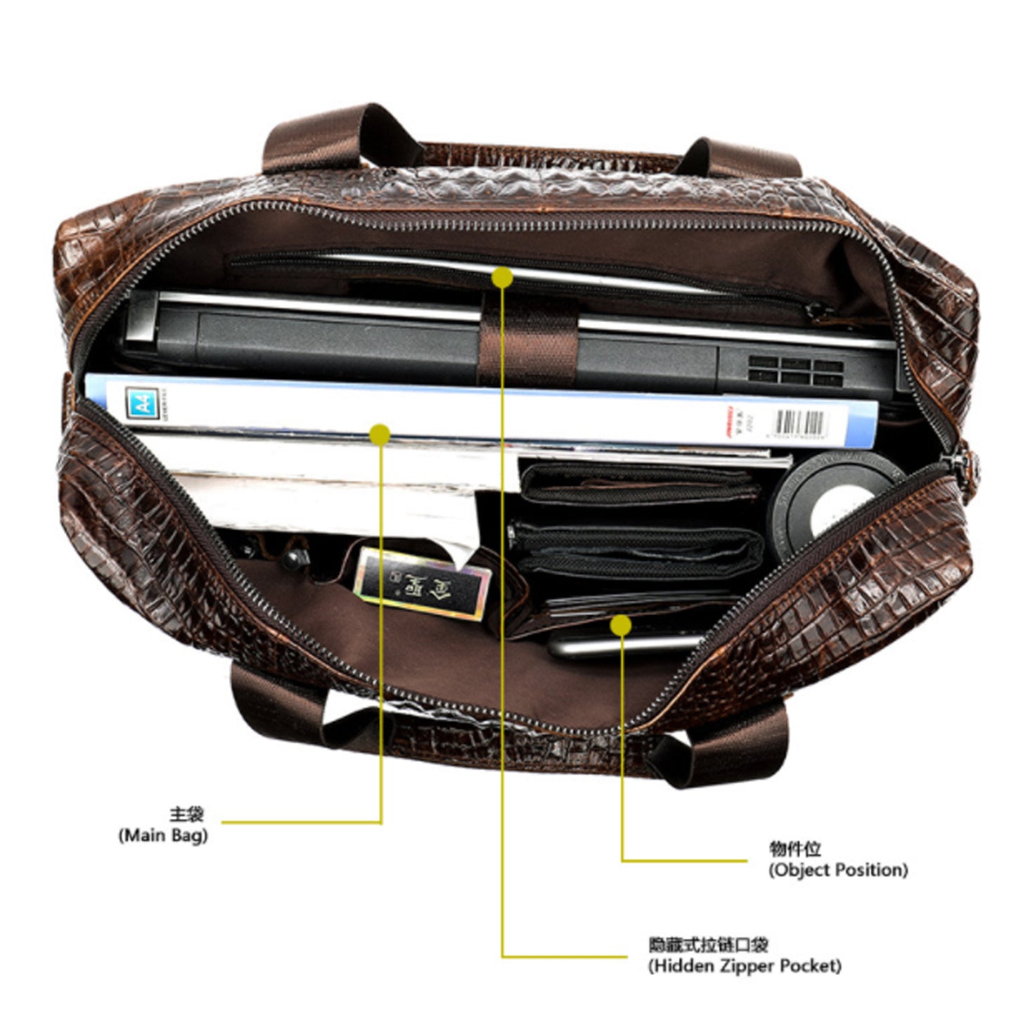 Men's Computer Briefcase Crocodile Pattern Bag Full-grain Cowhide Leather Portable Shoulder Bag
