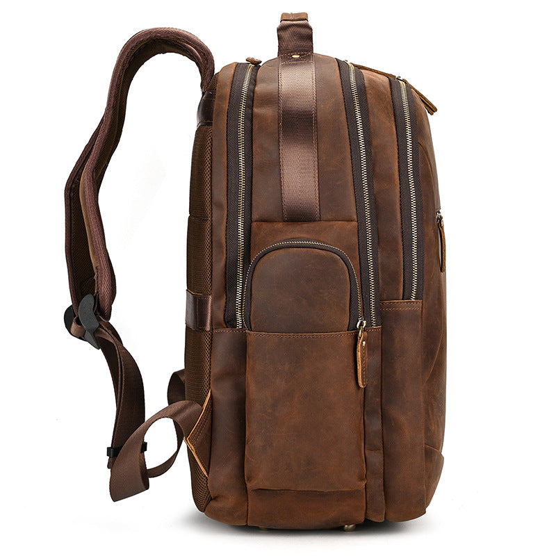 Crazy Horse Leather Large Capacity Backpack Men's Retro Genuine Leather 17 inch Travel Bag