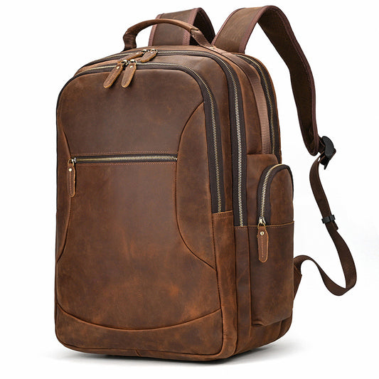 Crazy Horse Leather Large Capacity Backpack Men's Retro Genuine Leather 17 inch Travel Bag