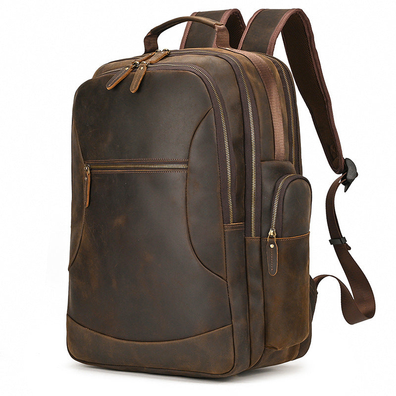 Crazy Horse Leather Large Capacity Backpack Men's Retro Genuine Leather 17 inch Travel Bag