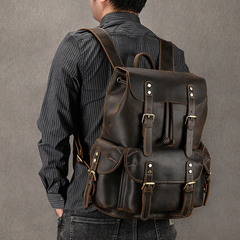 Men's Backpack, Crazy Horse Leather Backpack, Large Capacity Flip Travel Bag