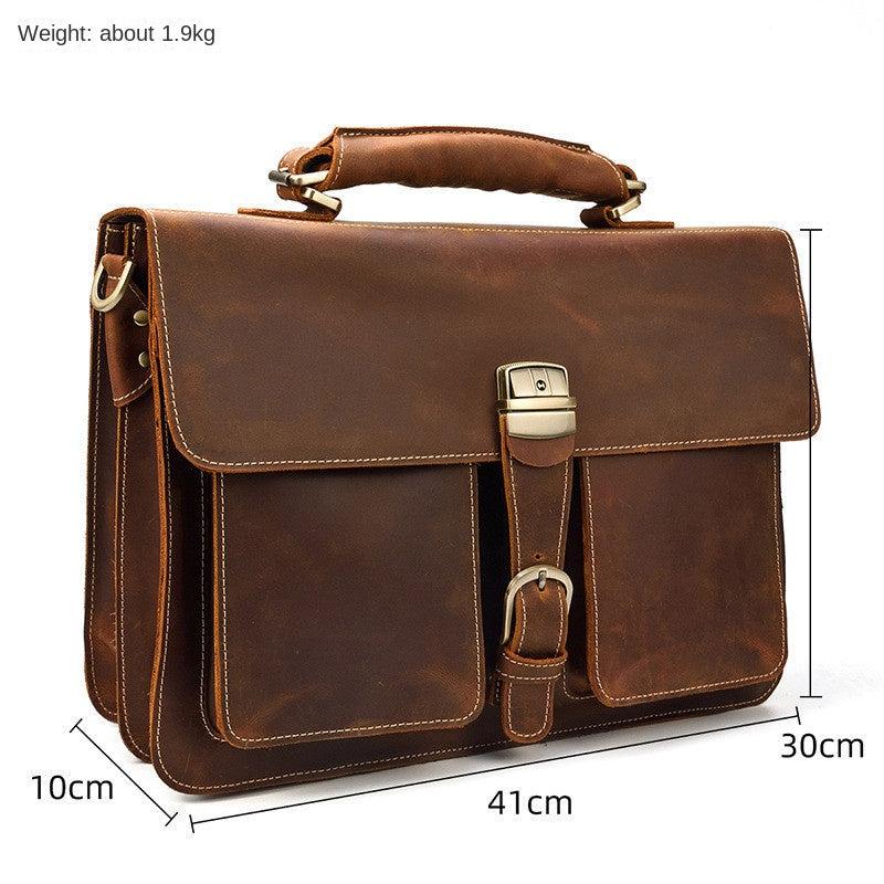 Men's Briefcase Crazy Horse Leather 14 Inch Computer Bag Crossbody Bag
