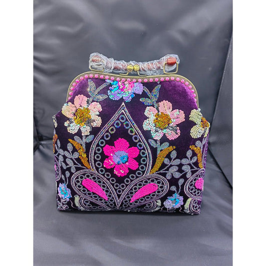Women's Velvet Sequins Handbag Handmade Clasp Purse Redwood Handle