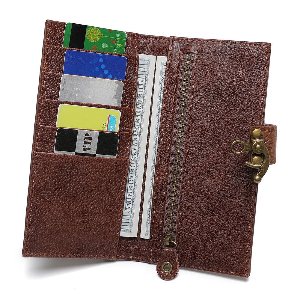 Top-grain Cowhide Wallet Long Cell Phone Bag Retro Wallet.