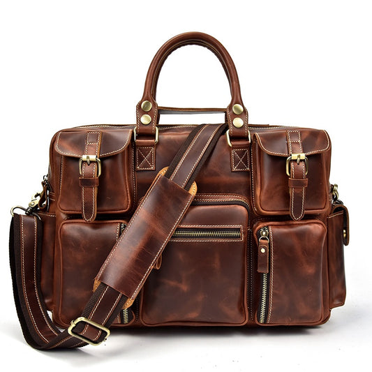 Men's Full-grain Crowhide Crazy Horse Leather Large Capacity Handbag Leather Briefcase