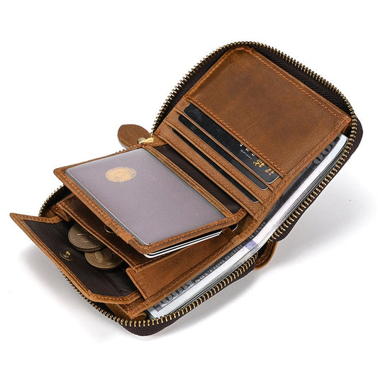 Men's Genuine Leather Wallet Mad Horse Skin Zipper Short Wallet Multi Card Zero Wallet