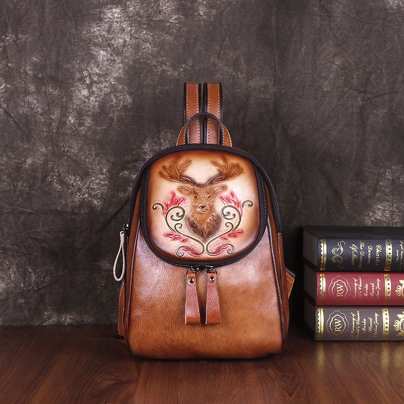 Full-grain Cowhide Personality Bag Vintage Embossed Cowhide Women's Bag Fashion Backpack