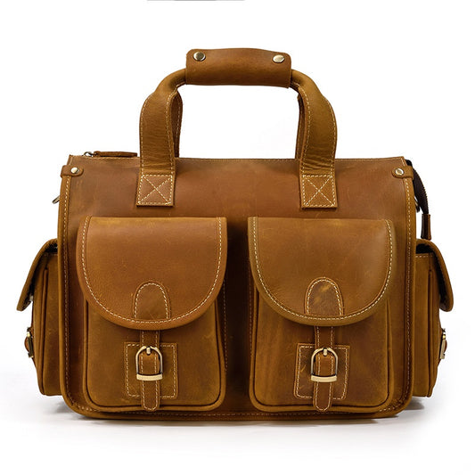 Men's Full-grain Cowhide Briefcase Crazy Horse Leather Computer Bag Slung Shoulder Bag