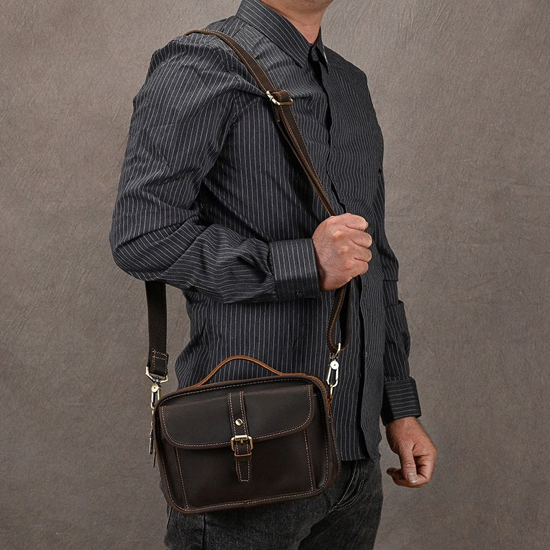 Crazy Horse Leather Men's Shoulder Bag  Square Bag Handbag