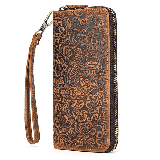 Multi-card Mobile Phone Coin Purse Crazy Horse Leather Long Wallet Retro Embossed Zipper Wallet