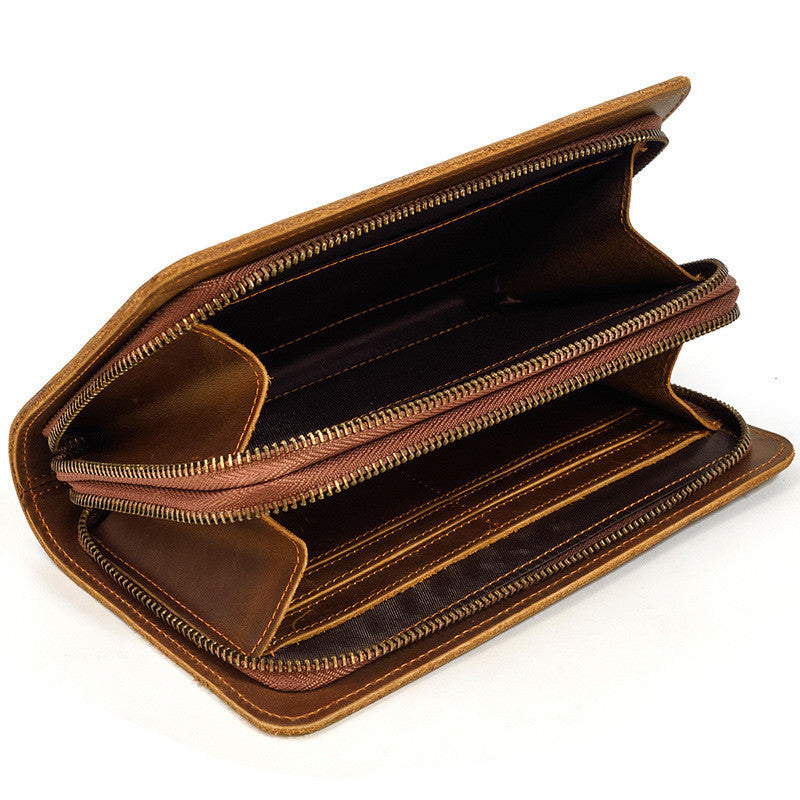 Crazy Horse Leather Double Zipper Wallet Vintage Men's Clutch Wallet Multi-card Wallet