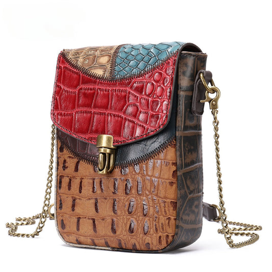 New Women's Genuine Leather Bag One Shoulder Crossbody Bag Casual Cowhide Stitched Mobile Phone Bag