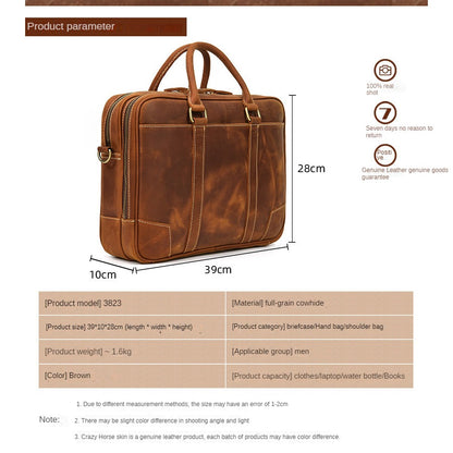 Men's Retro Handbag Crazy Horse Leather Briefcase Genuine Leather Crossbody Bag 14 inch Computer Bag