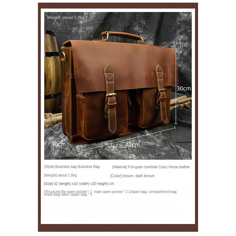 Crazy Horse Leather Briefcase Men's Shoulder Bag Full-grain Cowhide Computer Bag