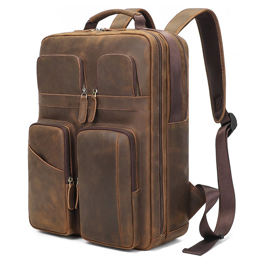 Crazy Horse Leather Backpack, Large Capacity Travel Bag, 15.6 Inch Computer Bag