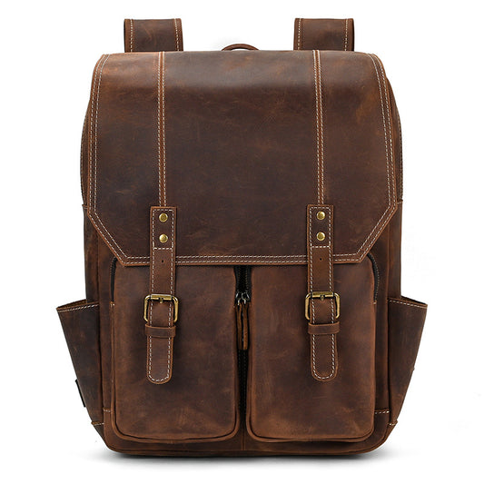 Crazy Horse Leather Backpack Men's Genuine Leather Large Capacity Backpack 16 inch Casual Travel Bag