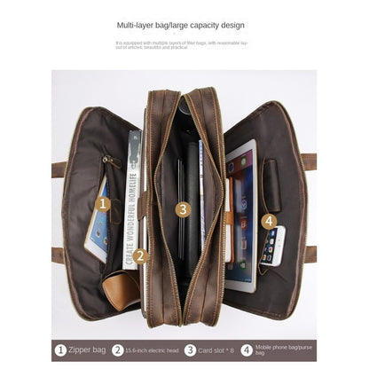 Retro Men's Crazy Horse Leather Briefcase, Cowhide Handbag, Genuine Leather Computer Bag