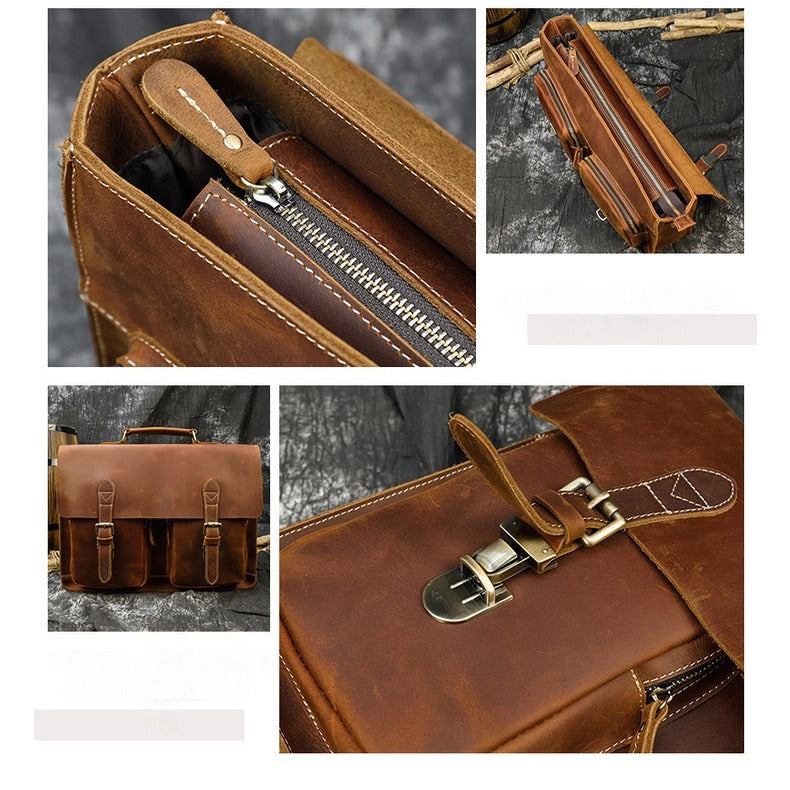 Crazy Horse Leather Briefcase Men's Shoulder Bag Full-grain Cowhide Computer Bag