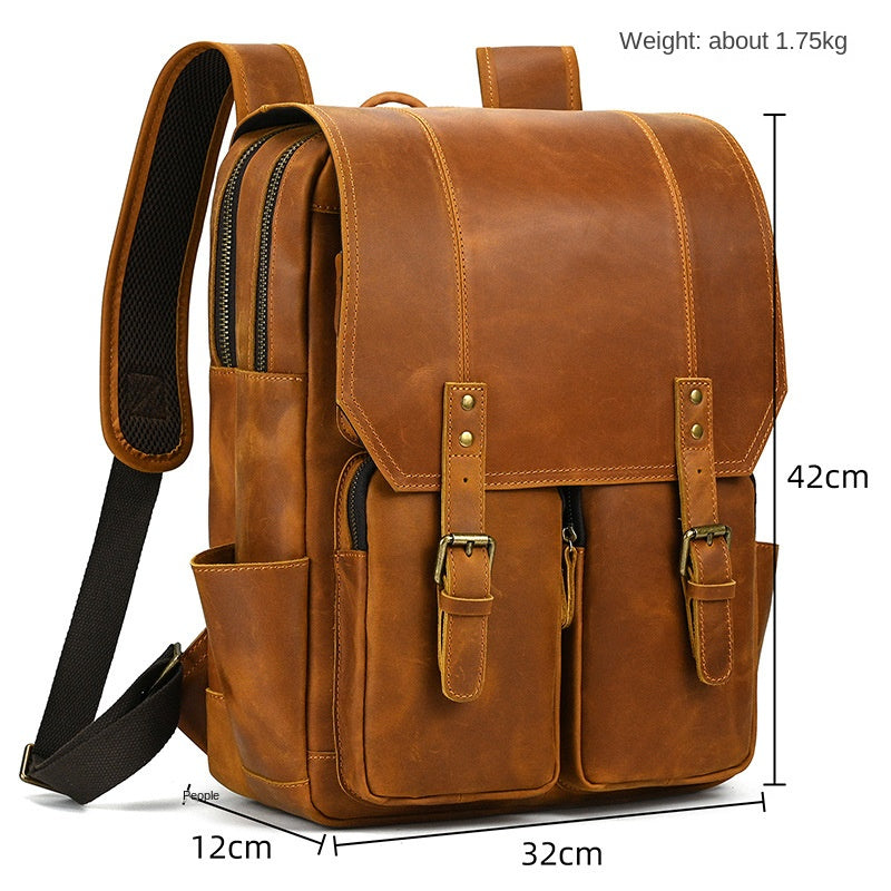 Crazy Horse Leather Backpack Men's Genuine Leather Large Capacity Backpack 16 inch Casual Travel Bag