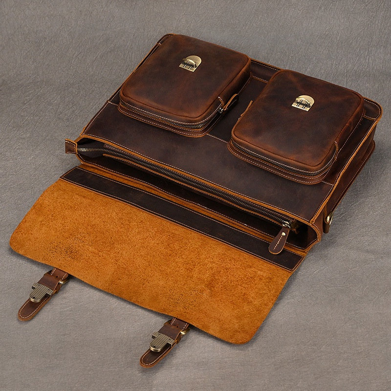 Crazy Horse Leather Briefcase Men's Shoulder Bag Full-grain Cowhide Computer Bag