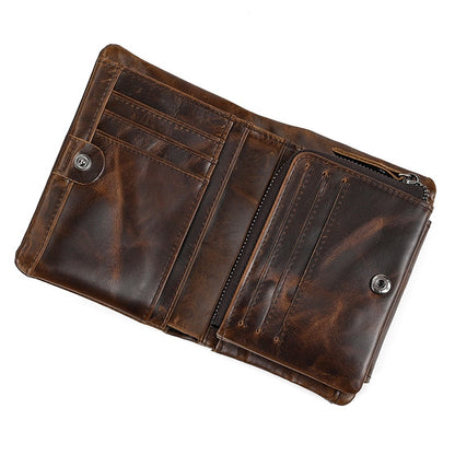 Full-grain Cowhide Trifold Short Wallet with Multiple Card Slots