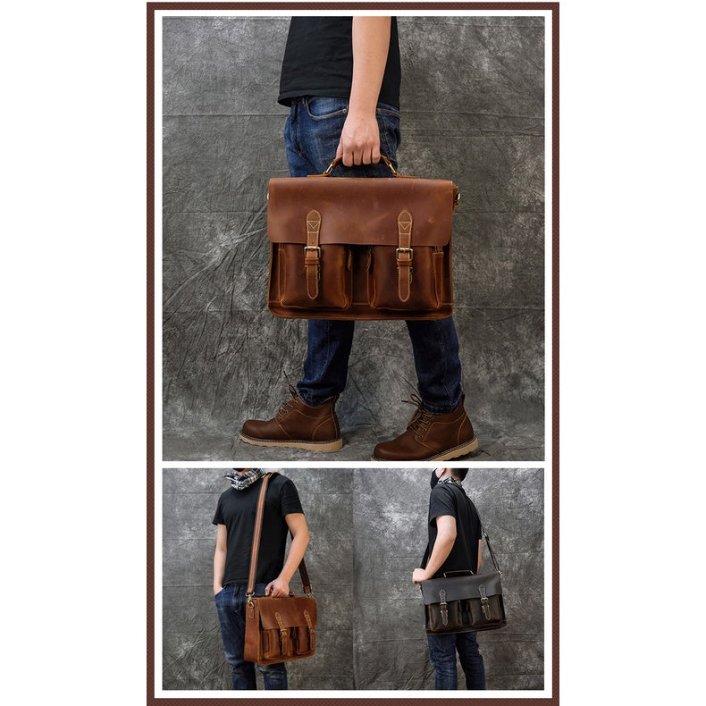 Crazy Horse Leather Briefcase Men's Shoulder Bag Full-grain Cowhide Computer Bag