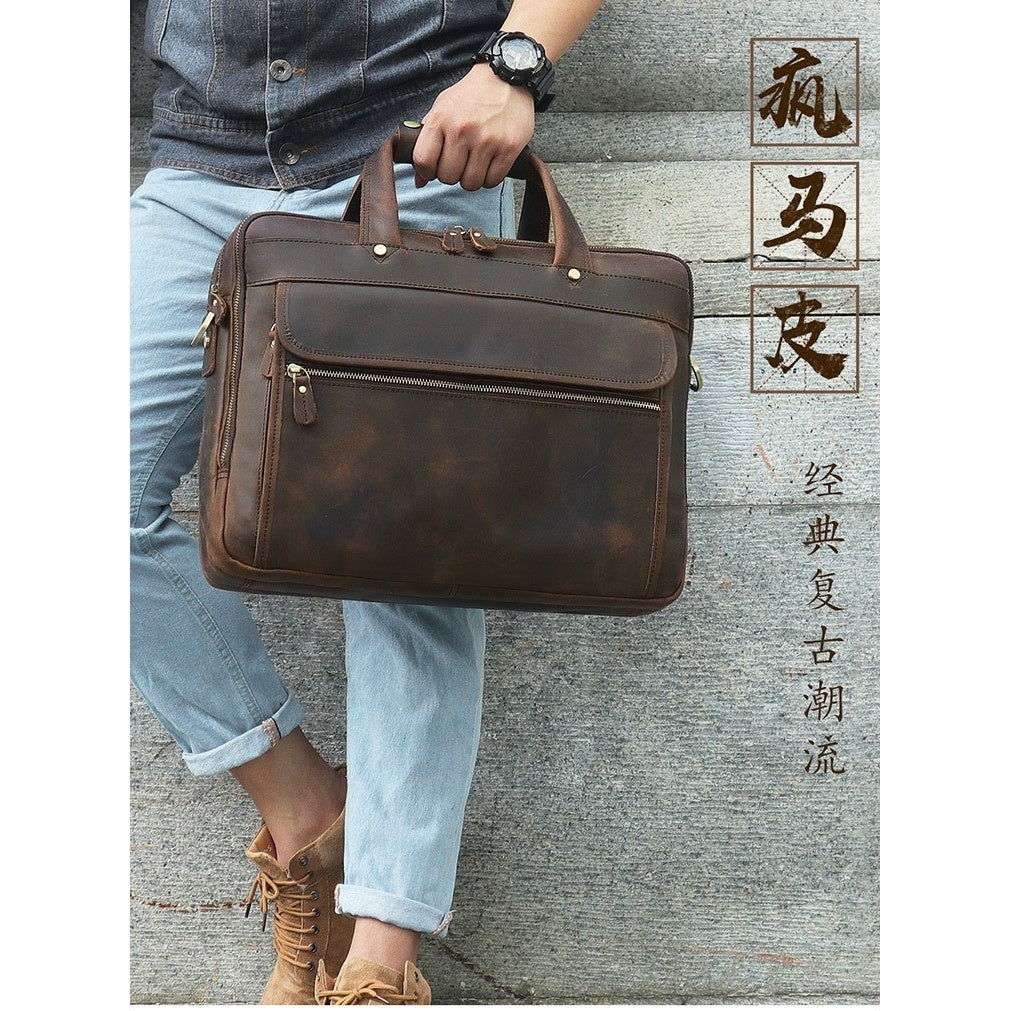 Retro Men's Crazy Horse Leather Briefcase, Cowhide Handbag, Genuine Leather Computer Bag