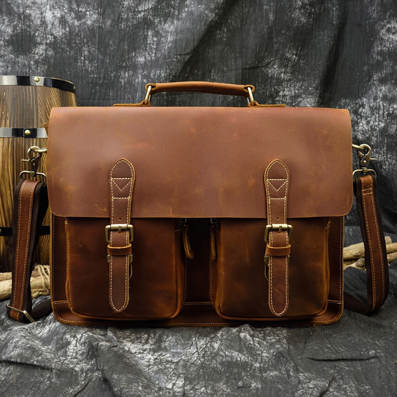 Crazy Horse Leather Briefcase Men's Shoulder Bag Full-grain Cowhide Computer Bag