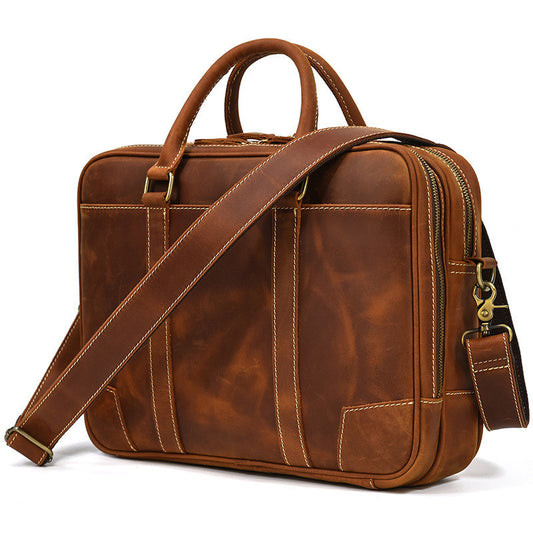 Men's Retro Handbag Crazy Horse Leather Briefcase Genuine Leather Crossbody Bag 14 inch Computer Bag