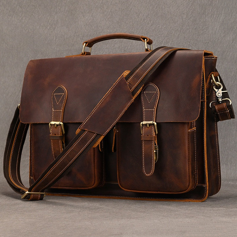 Crazy Horse Leather Briefcase Men's Shoulder Bag Full-grain Cowhide Computer Bag