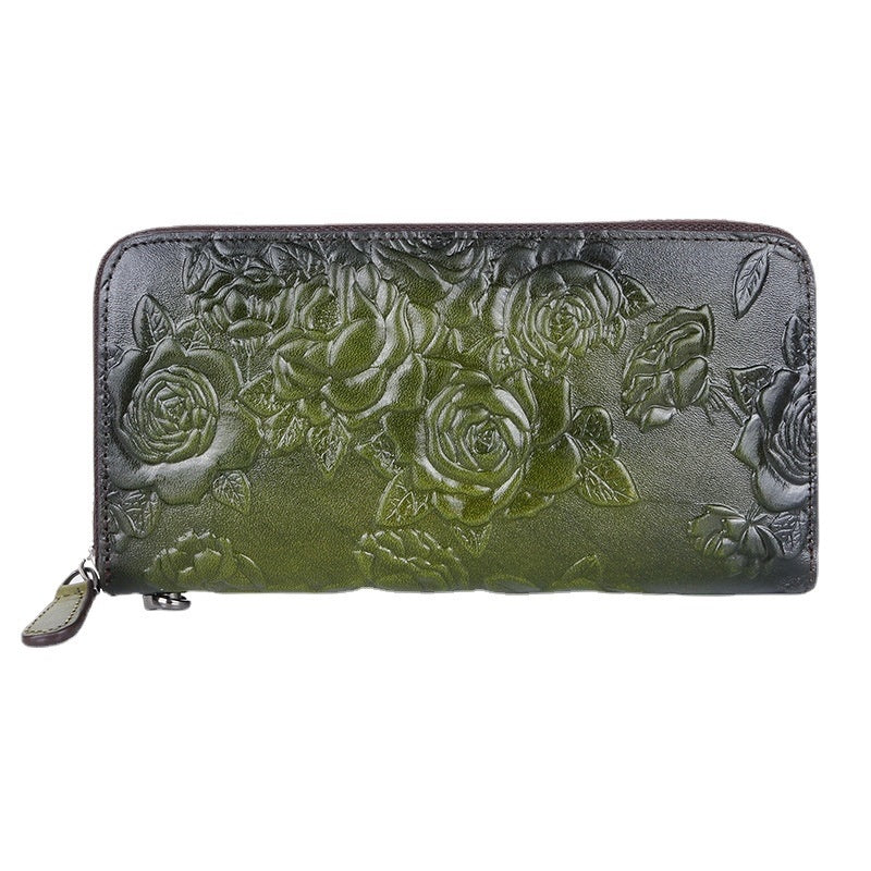 Cowhide Embossed Wallet and Colored Zipper Bag Vintage Style Long Women's Clutch