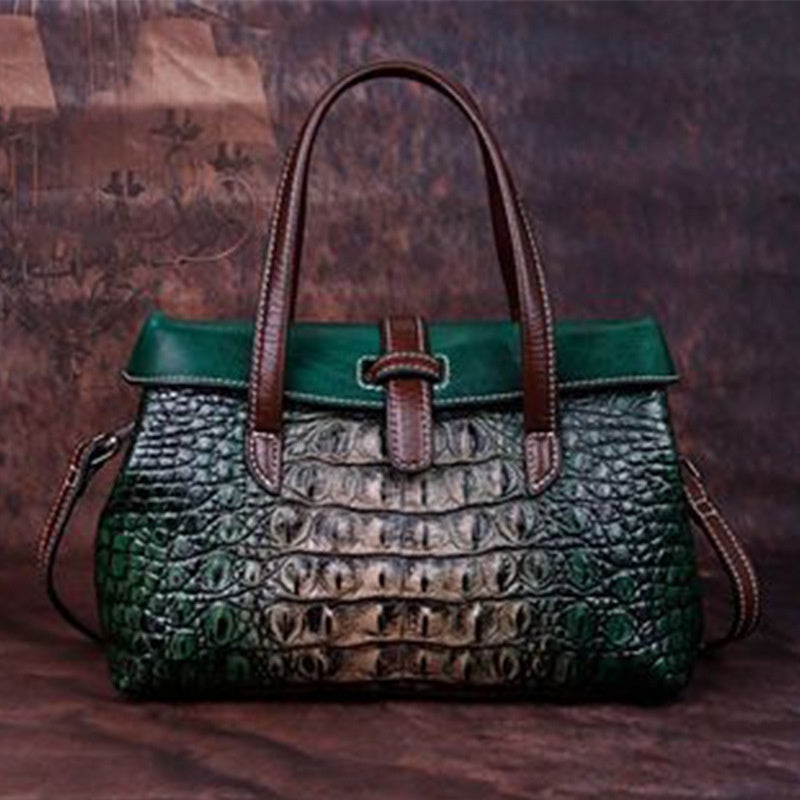 Full-grain Cowhide Women's Bag Embossed Crocodile Pattern Retro Single Shoulder Crossbody Bag
