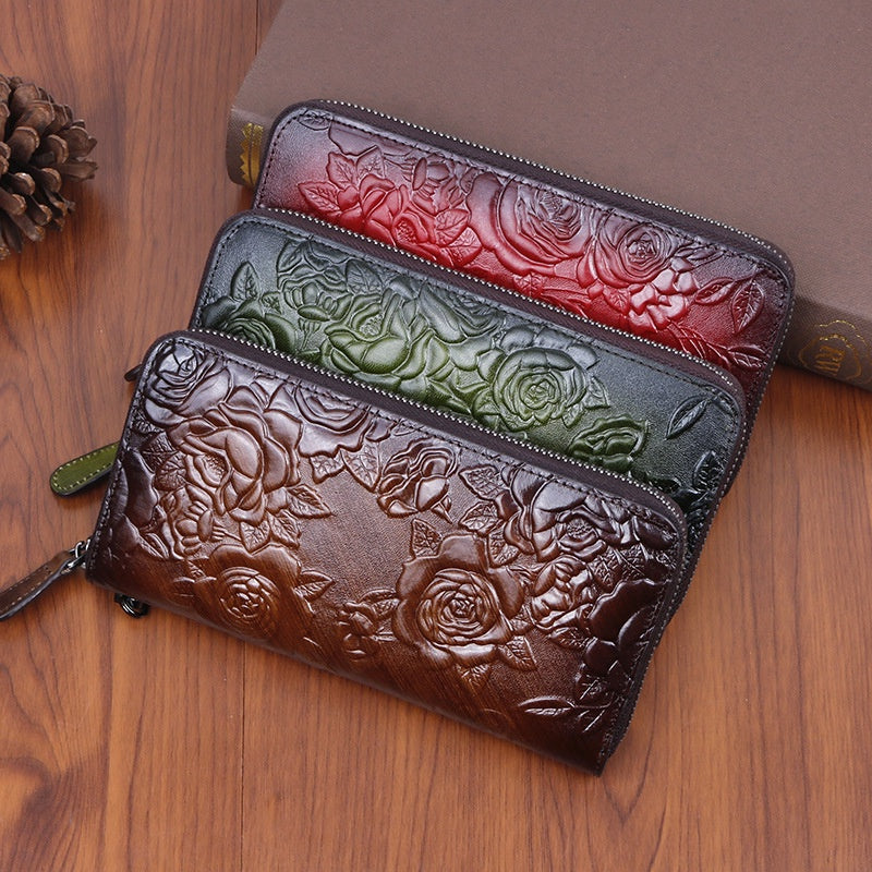 Cowhide Embossed Wallet and Colored Zipper Bag Vintage Style Long Women's Clutch