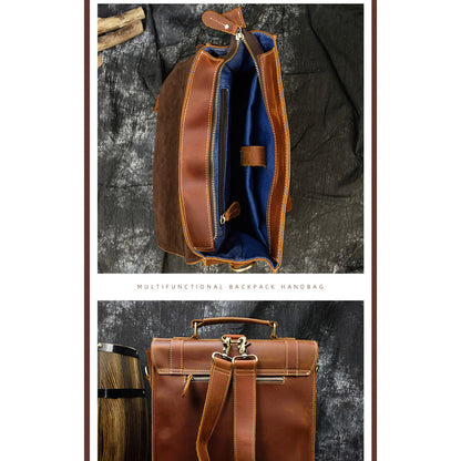 Retro Men's Full-grain Cowhide Backpack Crazy Horse Leather Crossbody Bag Three-function Computer Bag