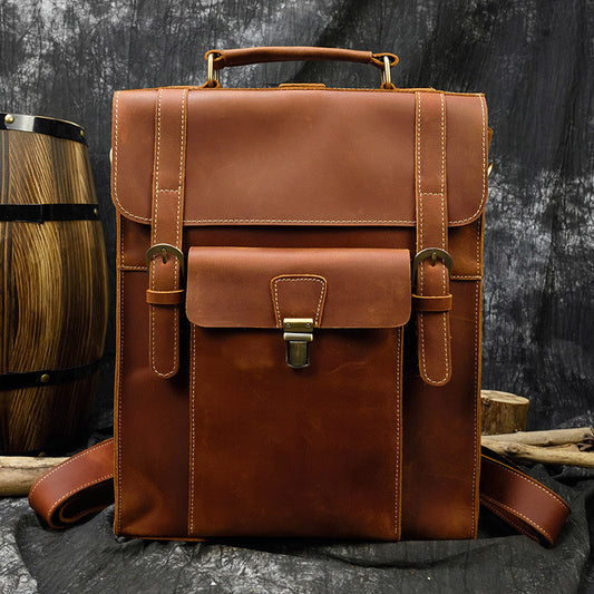 Retro Men's Full-grain Cowhide Backpack Crazy Horse Leather Crossbody Bag Three-function Computer Bag