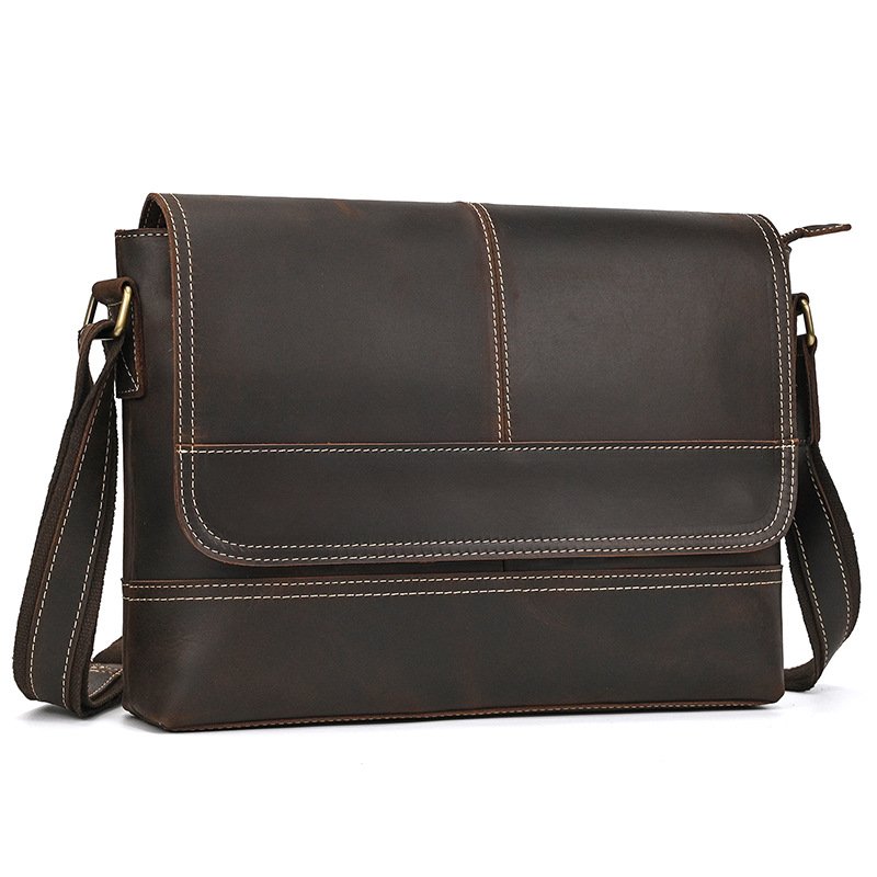 Men's Leather Shoulder Bag Crazy Horse Leather Crossbody Bag Full-grain Cowhide Flip Messenger Bag