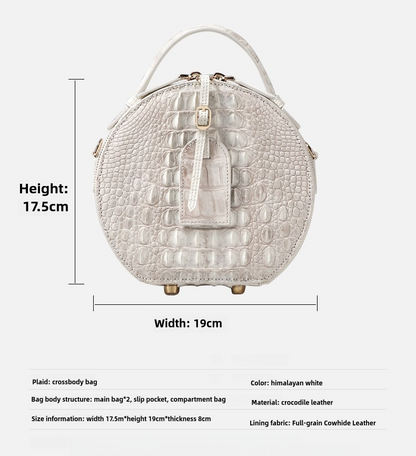 High-End Nile Crocodile Leather Small round Bag Himalayan White Women's Bag Crossboby Bag