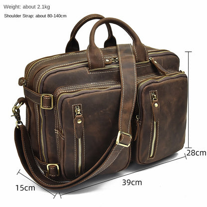 Men's Briefcase Crazy Horse Leather Multifunctional Handbag Full-grain Cowhide Computer Bag