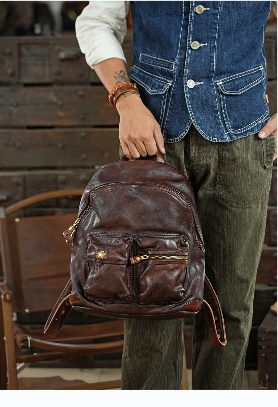 Vegetable-tanned Leather Backpacks Full-grain Horse Skin Sheep Skin Leather Backpack