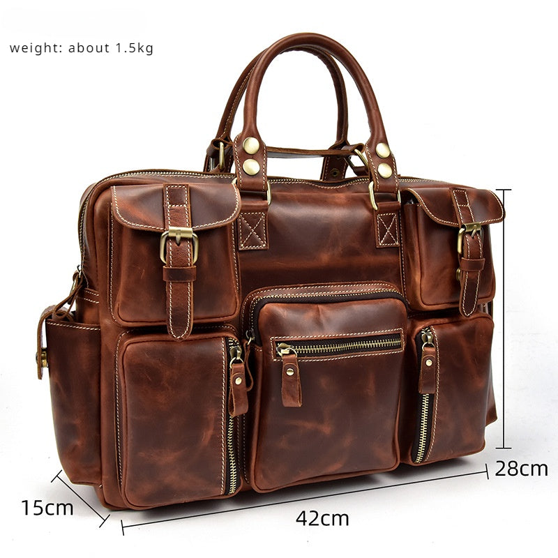 Men's Full-grain Crowhide Crazy Horse Leather Large Capacity Handbag Leather Briefcase