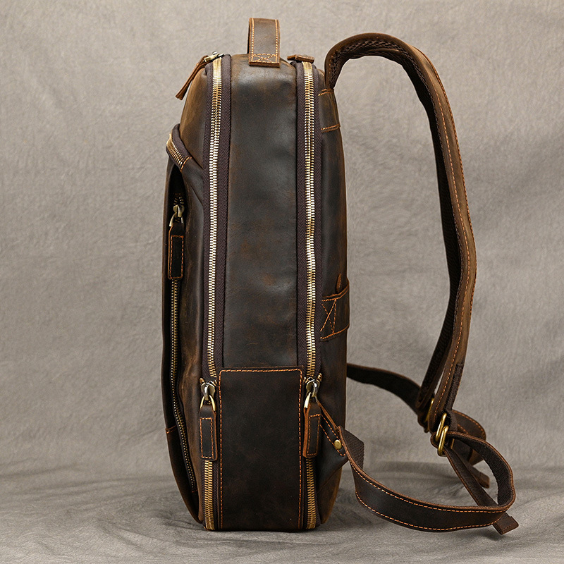 Double Zipper Large Capacity Crazy Horse Leather Backpack Full-grain Cowhide Bag