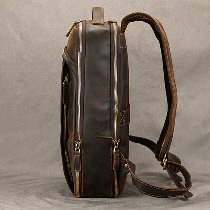 Double Zipper Large Capacity Crazy Horse Leather Backpack Full-grain Cowhide Bag