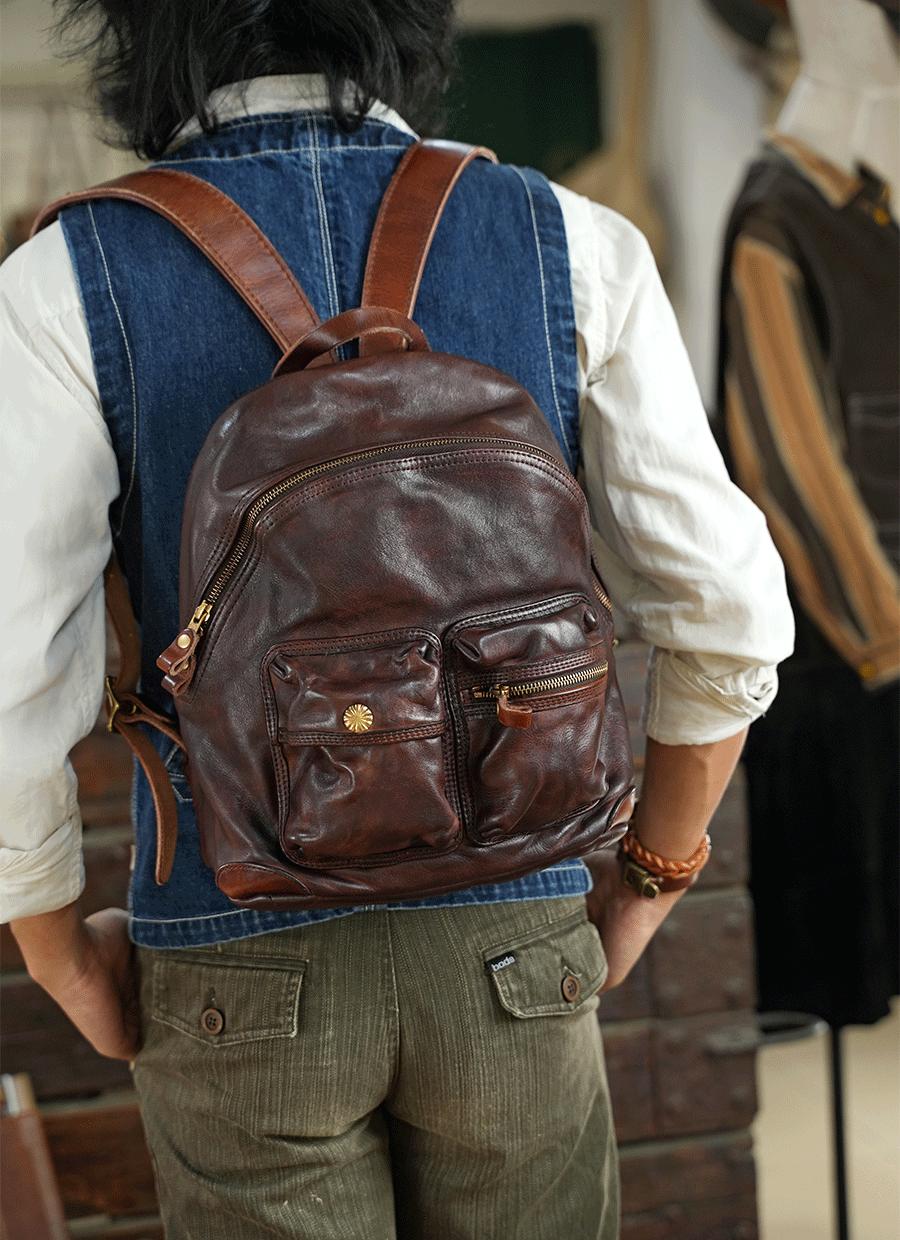 Vegetable-tanned Leather Backpacks Full-grain Horse Skin Sheep Skin Leather Backpack